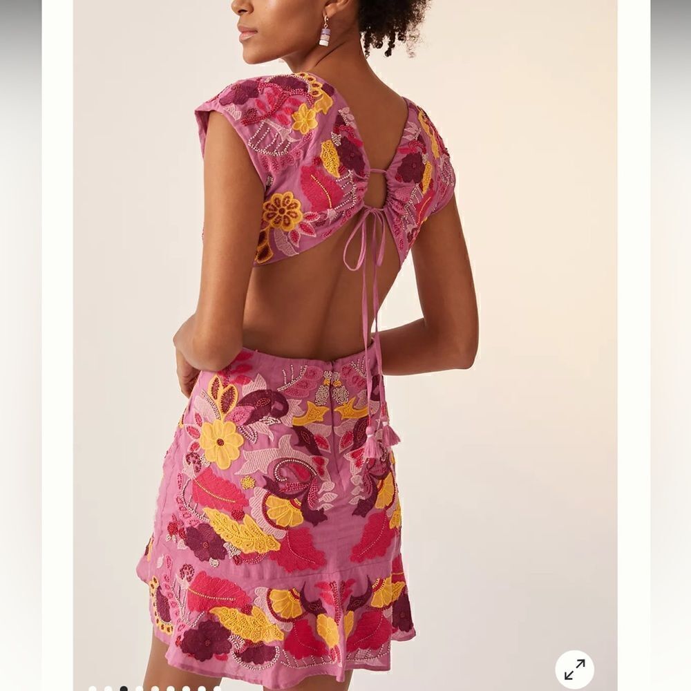 Anthropologie Maeve Embroidered Beaded Mini Dress Pink - Picture 4 of 11
